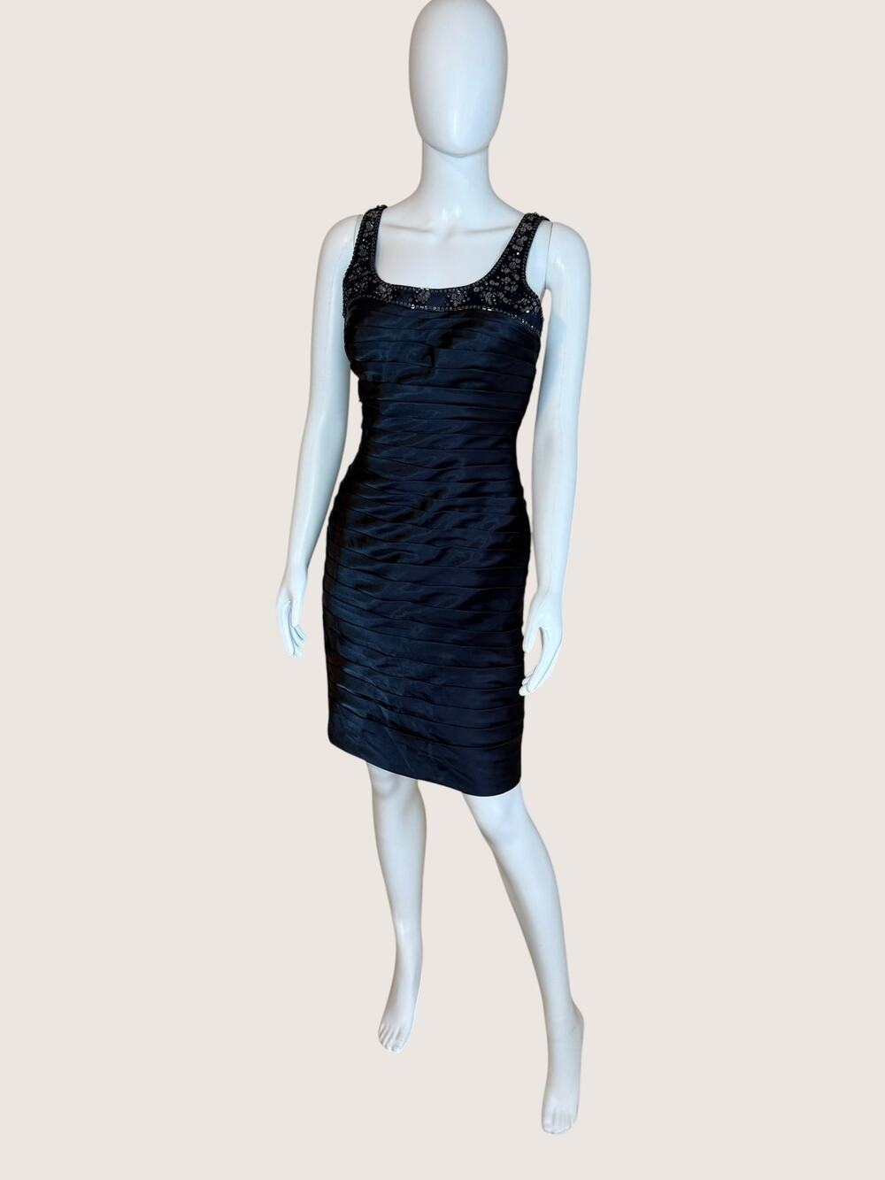 Black Satin Ruched Sheath Cocktail Dress Beaded Straps Midi